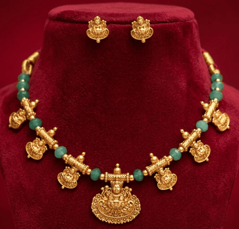 Traditional green Lakshmi necklace with matching earrings