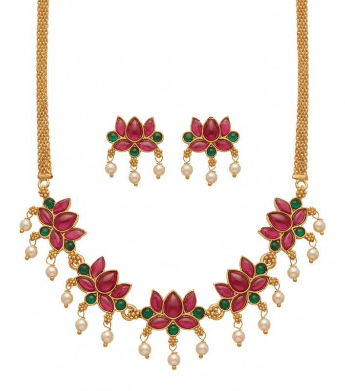 Traditional Lotus Design Ruby & Green Stone Necklace Set