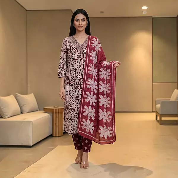 Cotton Salwar Suit Set | Block Print, With Dupatta