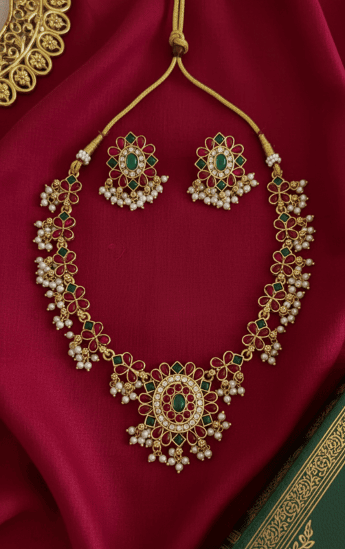 Royal red Floral Pearl Drop Necklace Set