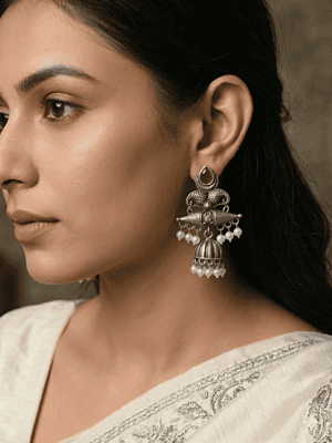 ntique Tribal Jhumka Earrings with Ruby Stones & Pearl Droplets ntique Tribal Jhumka Earrings with Ruby Stones & Pearl Droplets