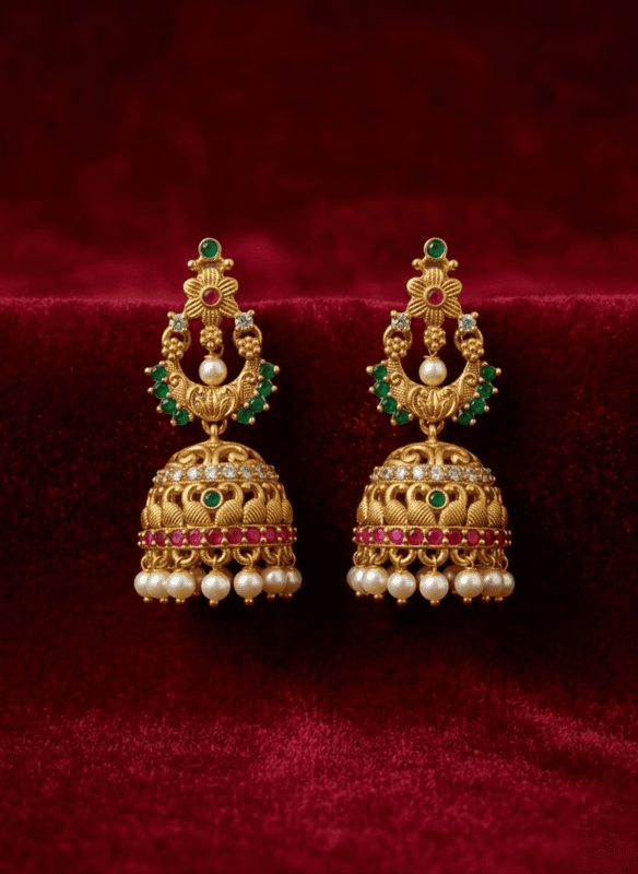 traditional temple-style jhumka earrings.