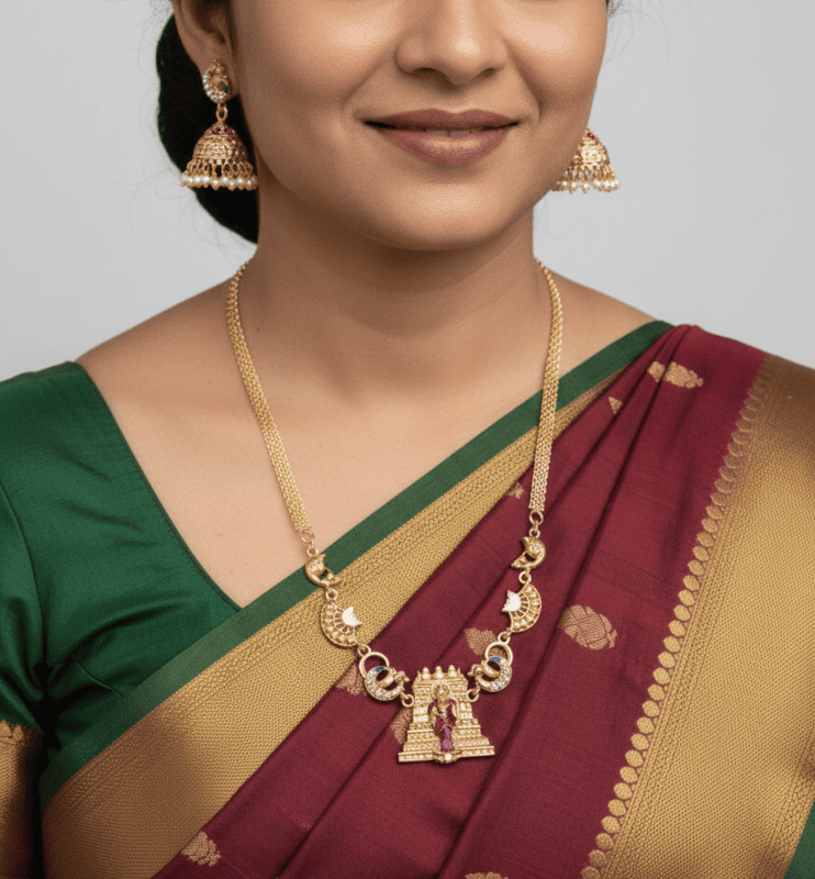 Traditional Temple Pendant Necklace with Jhumka Earrings