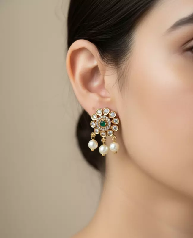 Floral Emerald Pearl Drop Stud Earrings