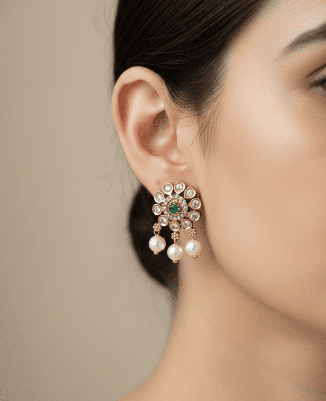 Floral Emerald Pearl Drop Stud Earrings