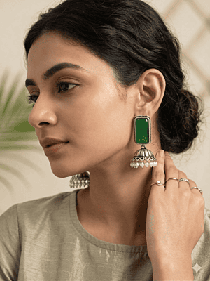 Silver-Toned Green Stone Rectangular Jhumka Earrings Silver-Toned Green Stone Rectangular Jhumka Earrings