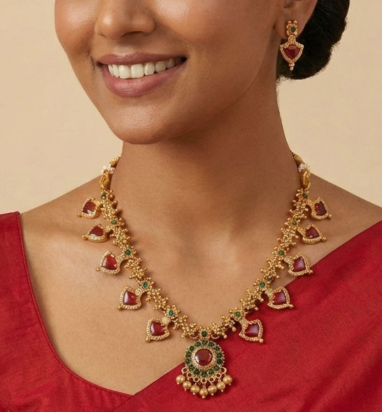 Traditional Design Necklace Set with Ruby & Green Stones