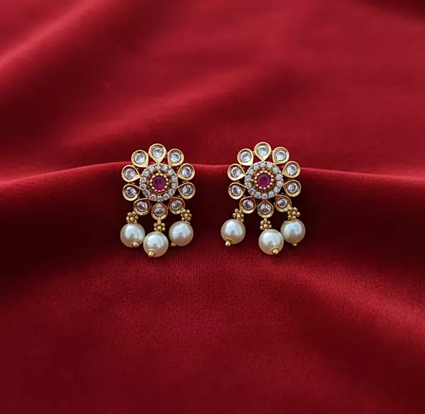 Floral Ruby Pearl Drop Stud Earrings