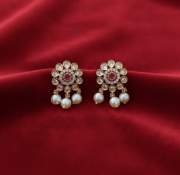 Floral Ruby Pearl Drop Stud Earrings