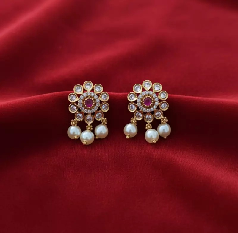 Floral Ruby Pearl Drop Stud Earrings