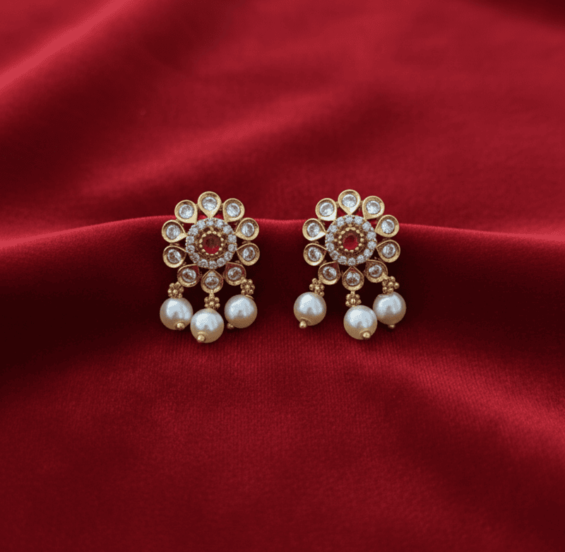 Floral Ruby Pearl Drop Stud Earrings
