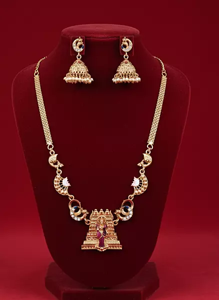 Traditional Temple Pendant Necklace with Jhumka Earrings