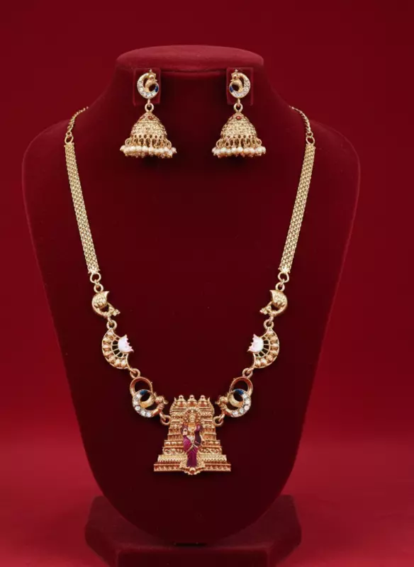 Traditional Temple Pendant Necklace with Jhumka Earrings