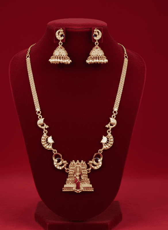Traditional Temple Pendant Necklace with Jhumka Earrings