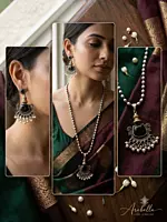 Dual-Tone Black Stone Long Pendant Necklace Set