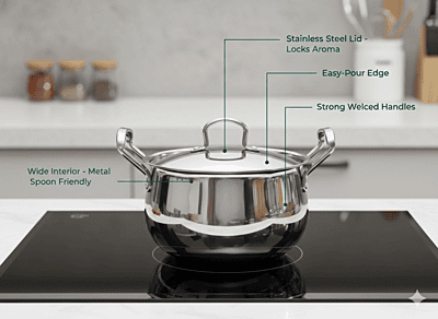 Onions India Gold Triply Stainless Steel Casserole with Lid, Belly Shape Handi,