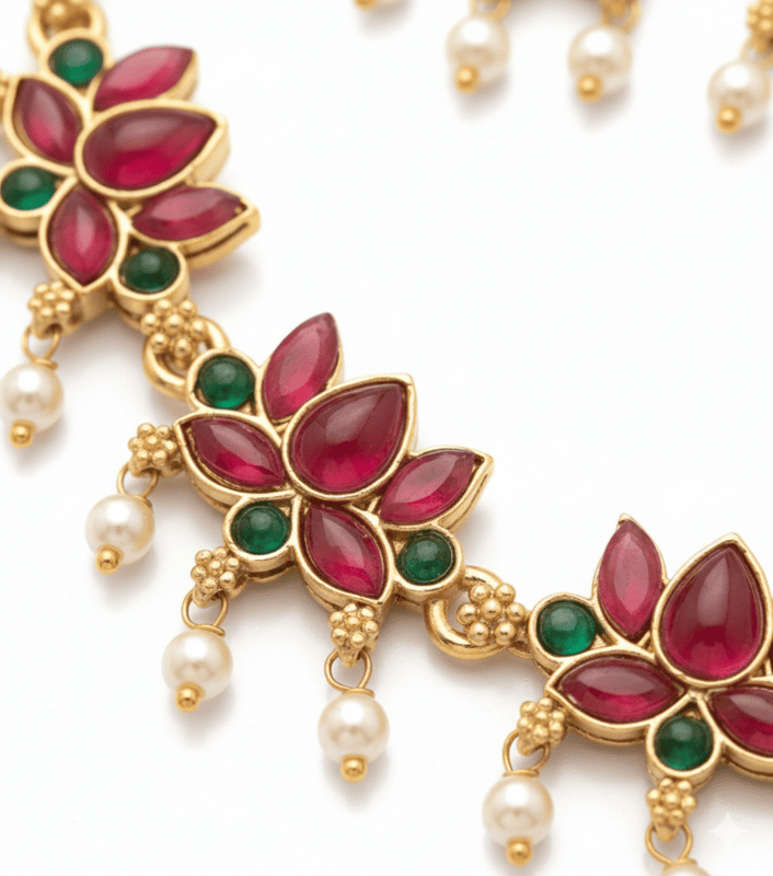 Traditional Lotus Design Ruby & Green Stone Necklace Set