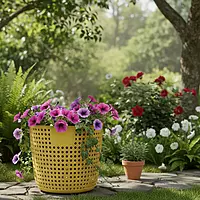 Yellow Round Woven Plastic Laundry Basket with Handle