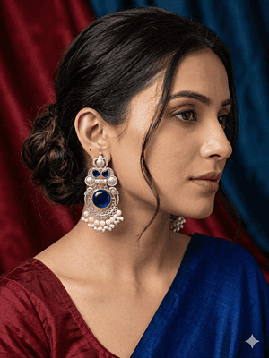 Royal Cobalt & Pearl Oxidized Silver Jhumka-Style Drop Earrings Royal Cobalt & Pearl Oxidized Silver Jhumka-Style Drop Earrings