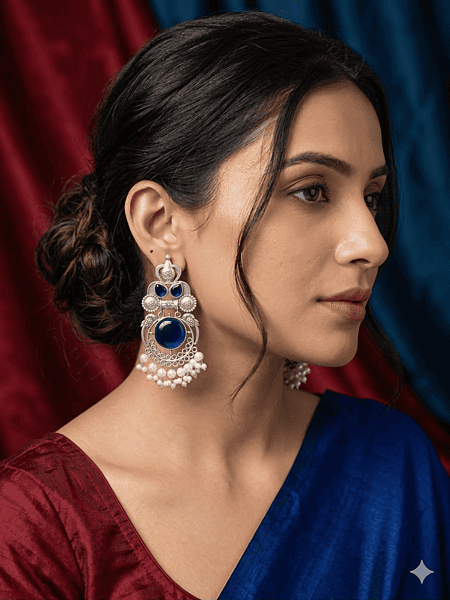Royal Cobalt & Pearl Oxidized Silver Jhumka-Style Drop Earrings Royal Cobalt & Pearl Oxidized Silver Jhumka-Style Drop Earrings