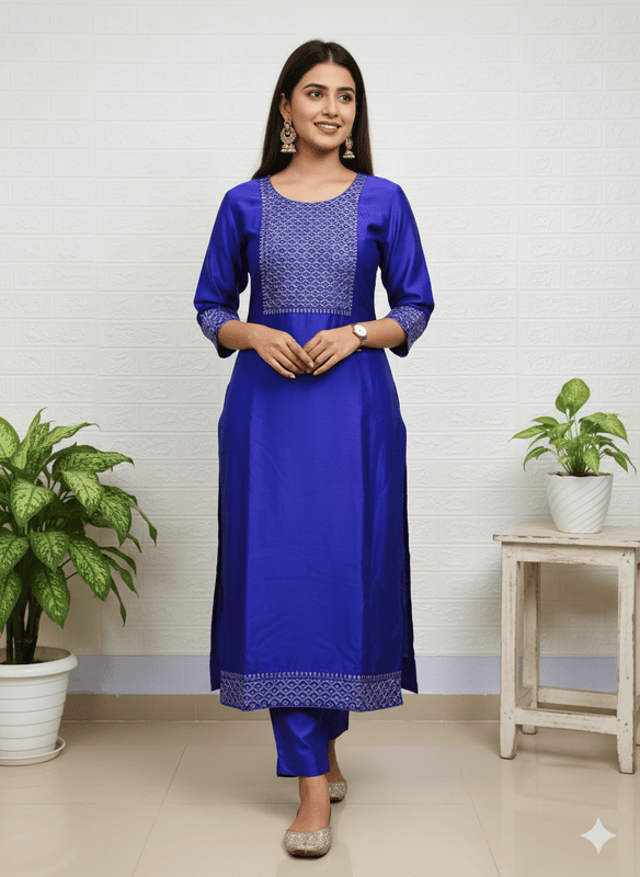 Satin Kurti Embroidered Straight Kurta