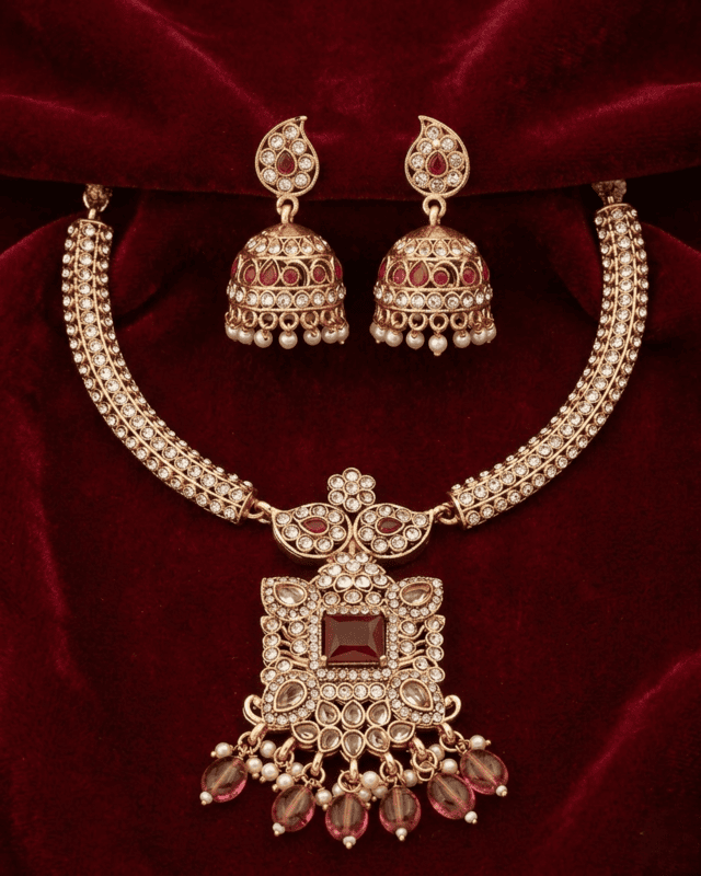 Traditional gold-tone necklace set with earrings