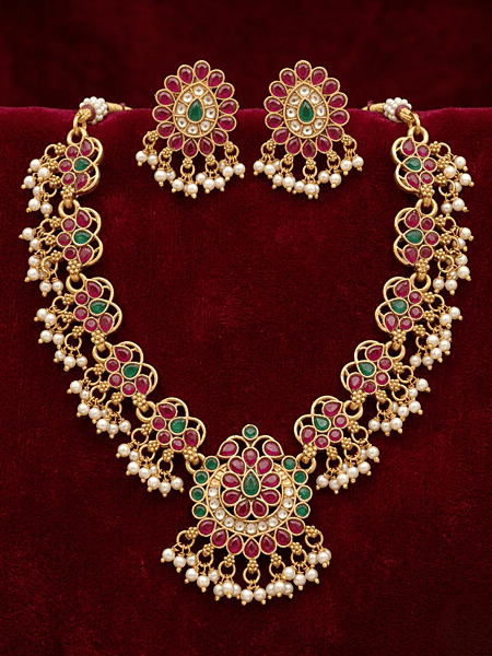 Ruby & Emerald Floral Pearl Necklace Set