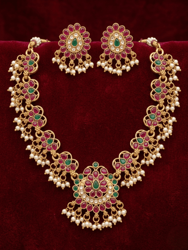 Ruby & Emerald Floral Pearl Necklace Set