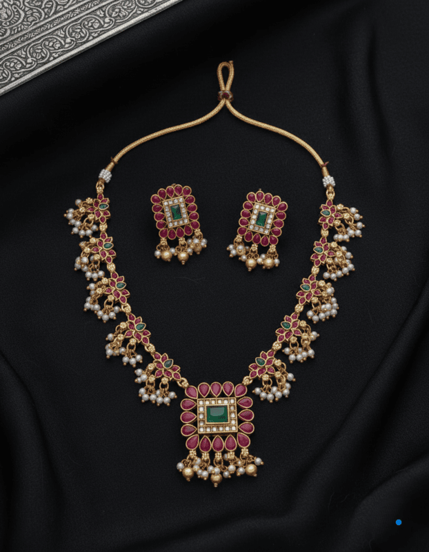 Royal Floral Pearl Drop Necklace Set