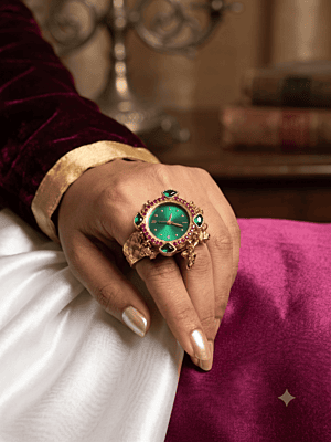 Vintage-Inspired Ornate Gold-Tone Emerald & Ruby Crystal Watch Ring Vintage-Inspired Ornate Gold-Tone Emerald & Ruby Crystal Watch Ring