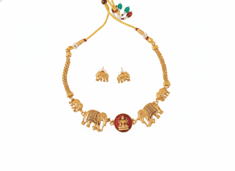 Temple Elephant Motif Gold-Tone Necklace Set