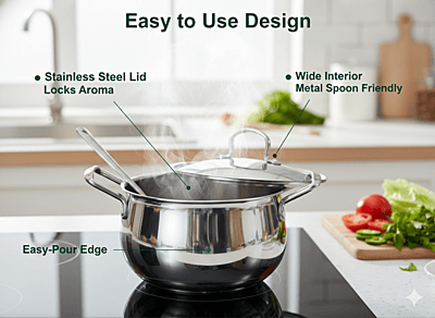 Granny Kitchen India Gold Triply Stainless Steel Casserole with Lid, Belly Shape Handi,