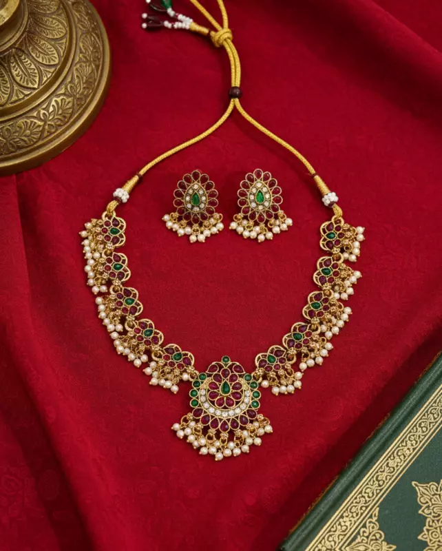 Ruby & Emerald Floral Pearl Necklace Set