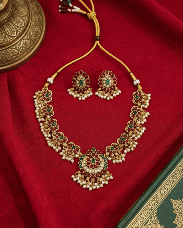 Ruby & Emerald Floral Pearl Necklace Set