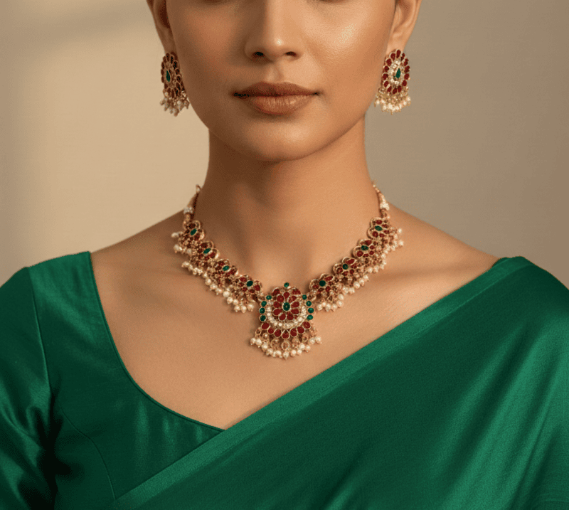 Ruby & Emerald Floral Pearl Necklace Set