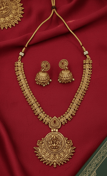 Lakshmi Temple Antique Necklace Set with Jhumka Earrings