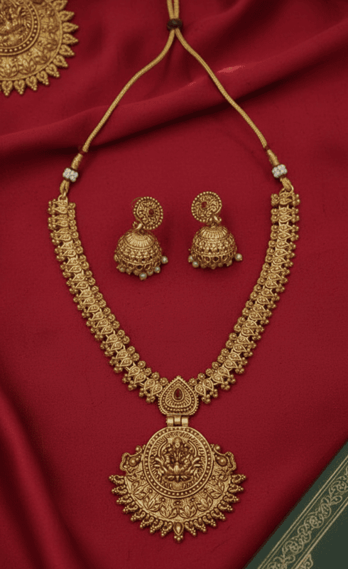 Lakshmi Temple Antique Necklace Set with Jhumka Earrings
