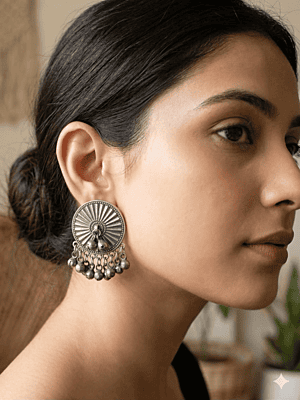 Celestial Sunburst Oxidized Silver Studs with Cascading Ghungroo Droplets Celestial Sunburst Oxidized Silver Studs with Cascading Ghungroo Droplets