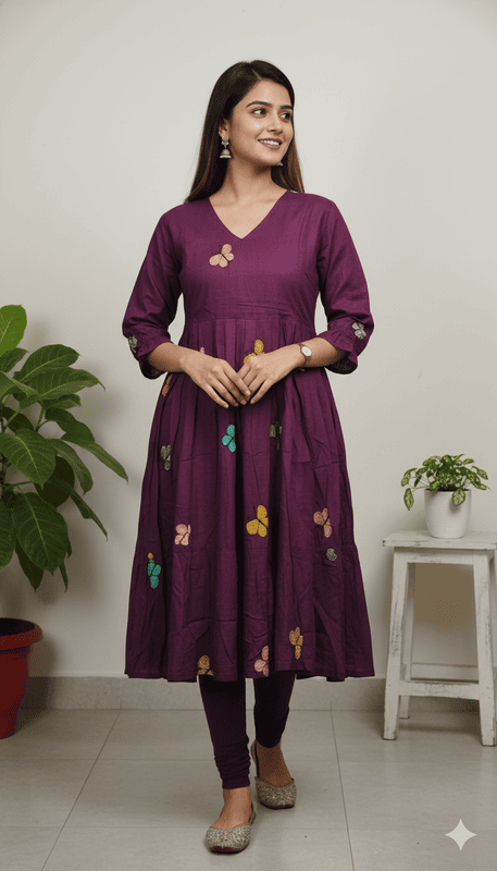 Mul Cotton Butterfly Frock Purple