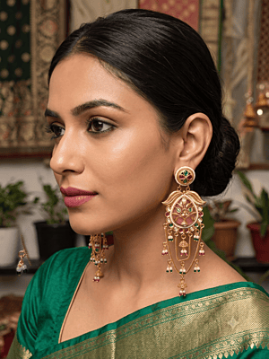 Royal Antique Gold Pink Stone Floral Statement Earrings with Jhumki Chains Royal Antique Gold Pink Stone Floral Statement Earrings with Jhumki Chains