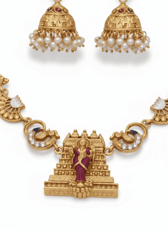 Traditional Temple Pendant Necklace with Jhumka Earrings
