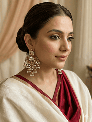 Royal Kundan & Pearl Chandbali Earrings with Gold-Toned Jhumka Droplets Royal Kundan & Pearl Chandbali Earrings with Gold-Toned Jhumka Droplets