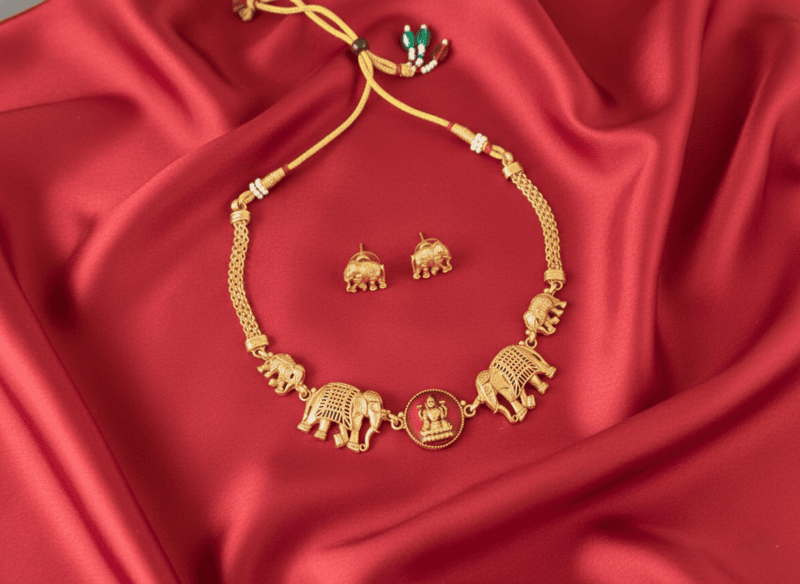 Temple Elephant Motif Gold-Tone Necklace Set