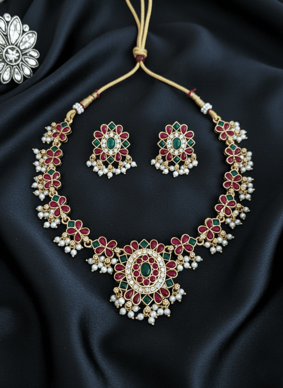 Royal red Floral Pearl Drop Necklace Set