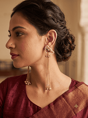 Antique Gold Bird Motif Long Chain Drop Earrings