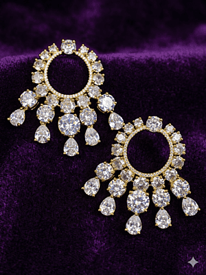 Exquisite Gold-Plated Circular Chandelier Earrings with Teardrop Crystal Droplets