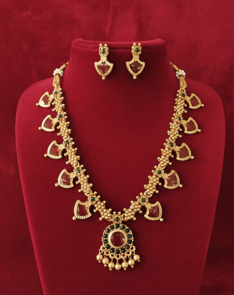 Traditional Design Necklace Set with Ruby & Green Stones