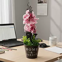 Artificial Pink Orchid Plant with Decorative 'HOME & GARDEN' Pot