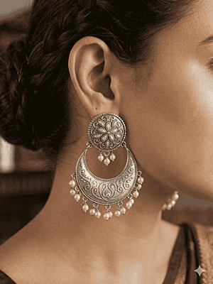 Elegant Oxidized Silver Chandbali Earrings with Pearl Accents Elegant Oxidized Silver Chandbali Earrings with Pearl Accents