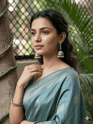 Antique Oxidized Silver Floral Long Jhumka Earrings with Pearl Droplets
